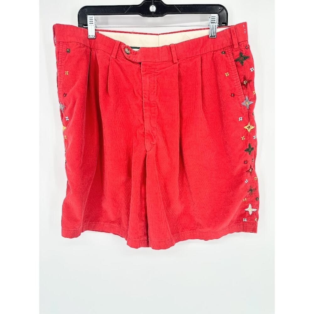 J McLaughlin Shorts Mens 38 Red Corduroy Star Embroidered 8" Shorts Preppy USA‎
